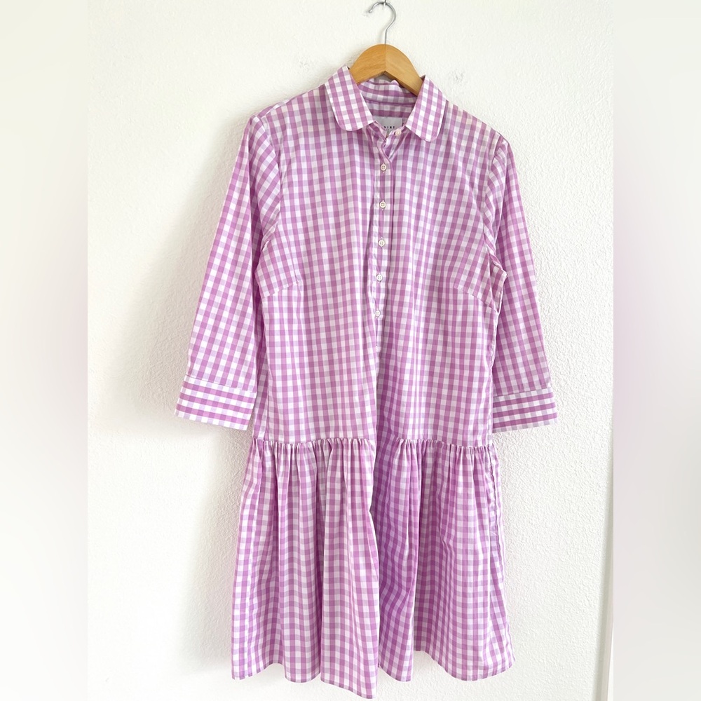 THE SHIRT by ROCHELLE BEHRENS lilac gingham drop waist dress / size L - Picture 2 of 6